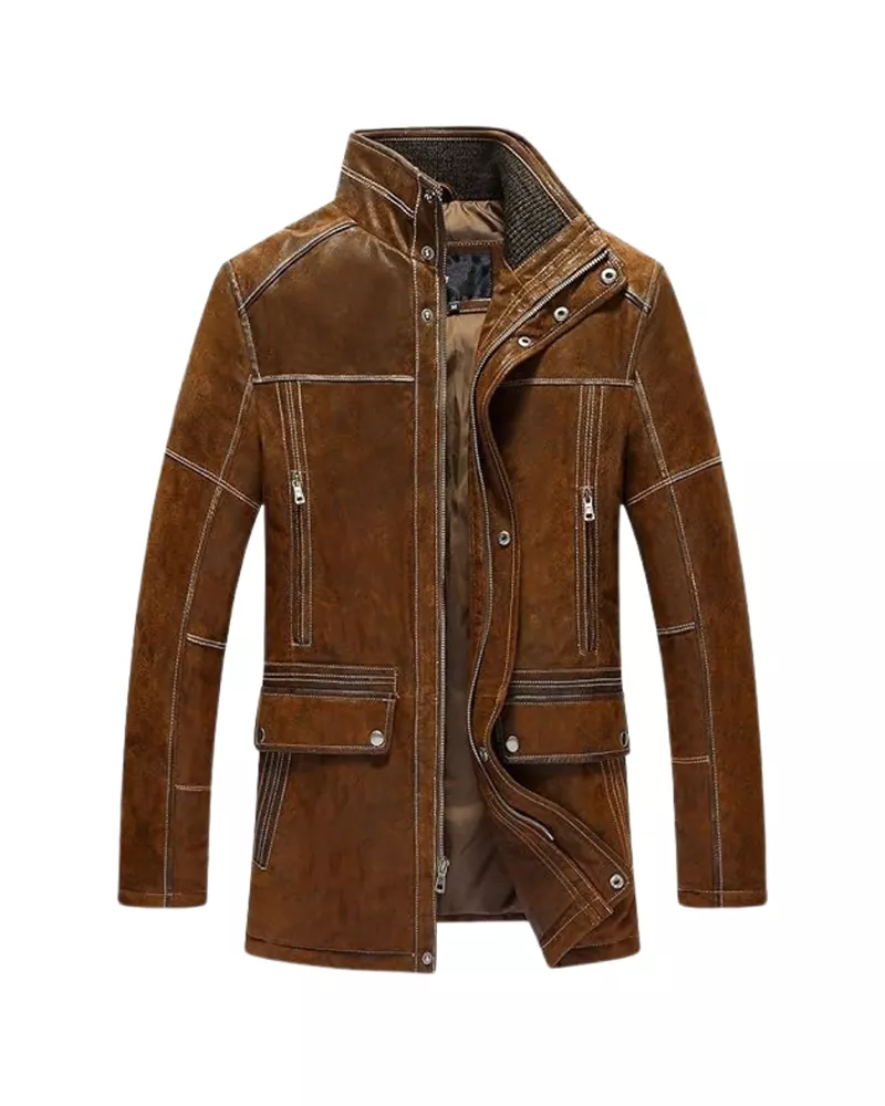 Men's Vintage Standing Collar Brown Winter Coat