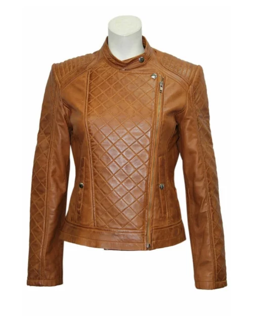 Women Slim Fit Brown Quilted Leather Jacket