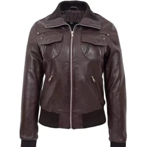 Women’s Brown Leather Bomber Jacket
