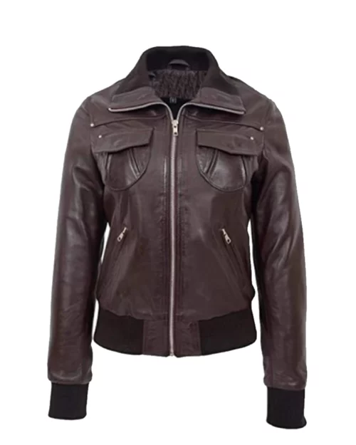 Women’s Brown Leather Bomber Jacket