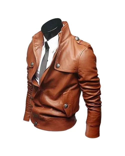 Men’s Slim Fit Tan Brown Leather Biker Jacket
