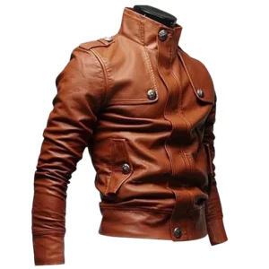 Men’s Slim Fit Tan Brown Leather Biker Jacket