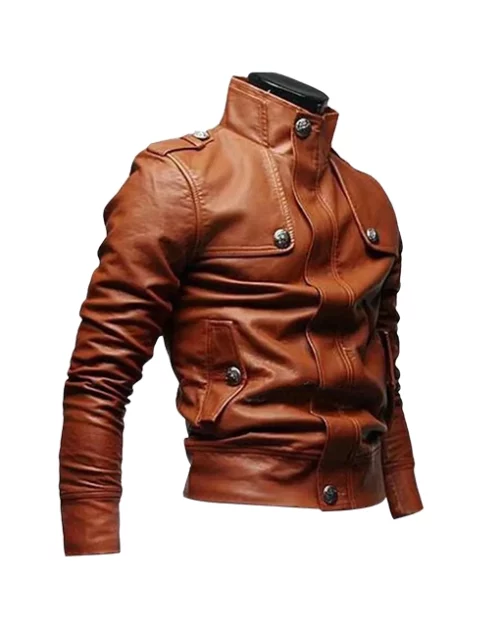 Men’s Slim Fit Tan Brown Leather Biker Jacket