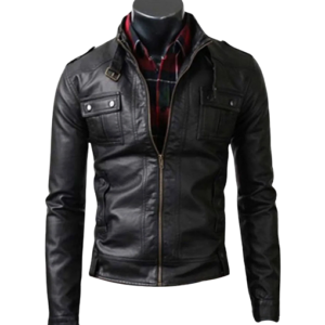 Men’s Strap Collar Casual Black Leather Jacket