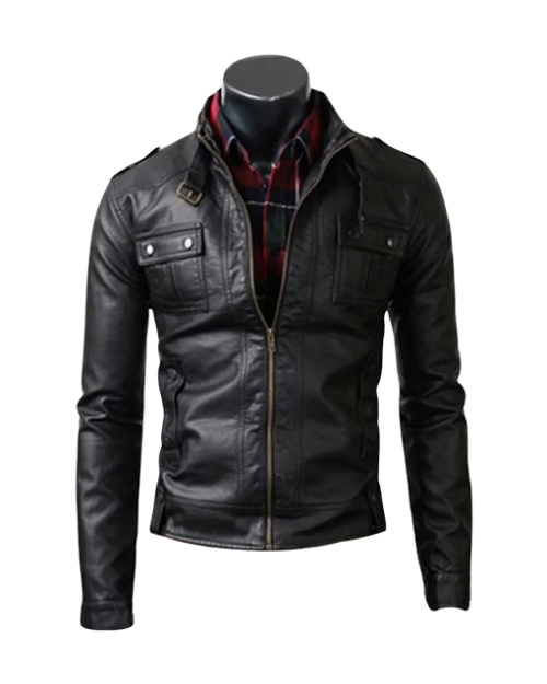 Men’s Strap Collar Casual Black Leather Jacket