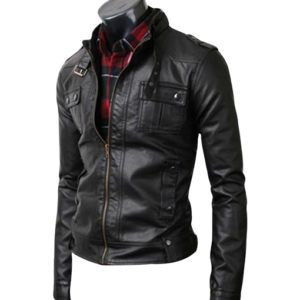 Men’s Strap Collar Casual Black Leather Jacket