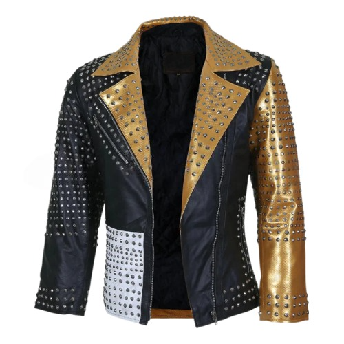 Women's Black And Gold Cone Spikes Leather Jacket