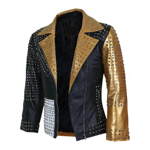 Women's Black And Gold Cone Spikes Leather Jacket