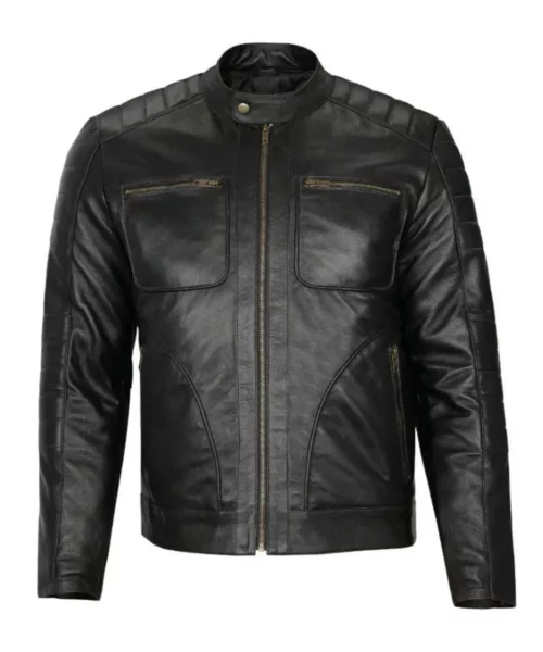 Mens Padded Shoulders Black Leather Jacket