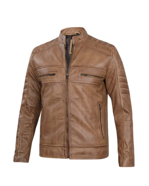 Men's Camel Brown Cafe Racer Leather Jacket