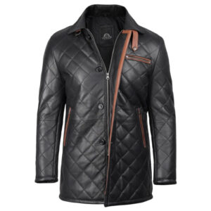 Men's Black Quilted Leather Car Coat With Brown Detailing