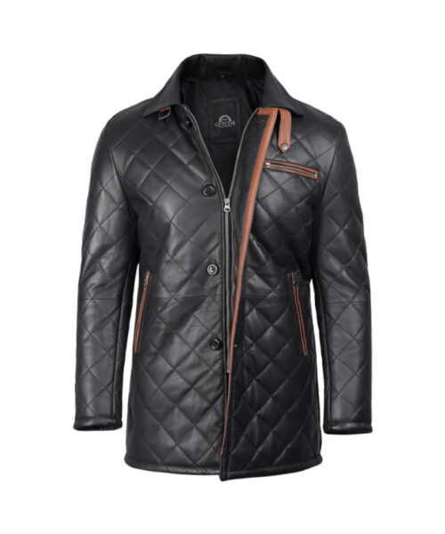 Men's Black Quilted Leather Car Coat With Brown Detailing