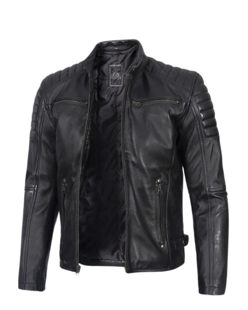 Men's Black Leather Padded Shoulders with Biker Jacket