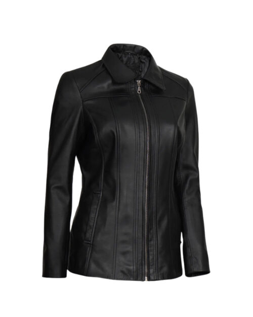 Women's Shirt Collar 3-4 Length Black Leather Coat