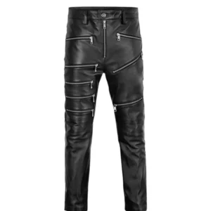 Men's Black Zipper Leather Pants