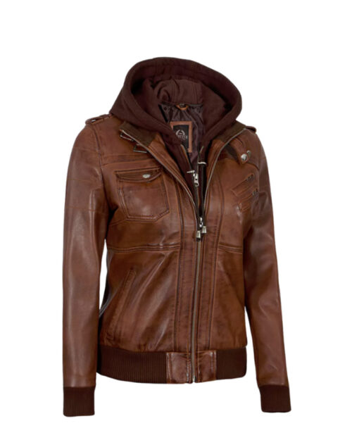 Women's Brown Leather Bomber Jacket With Removable Hood