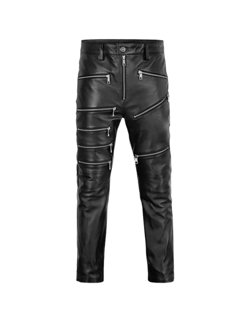 Men's Black Zipper Leather Pants