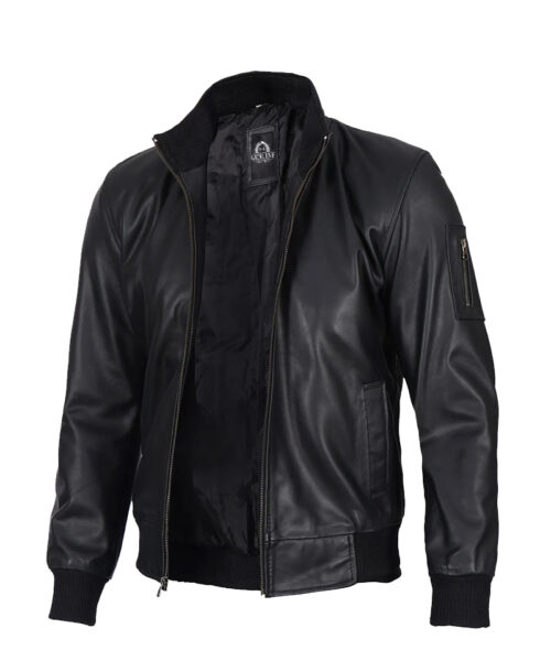 Men's Black Cowhide Leather Bomber Jacket