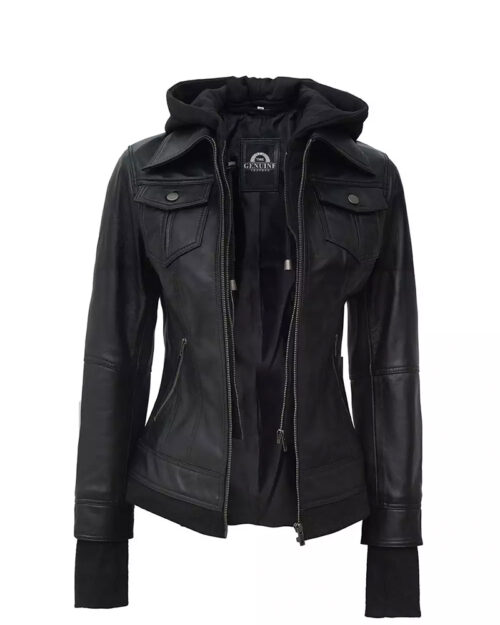 Women’s Black Leather Motorcycle Jacket with Hood