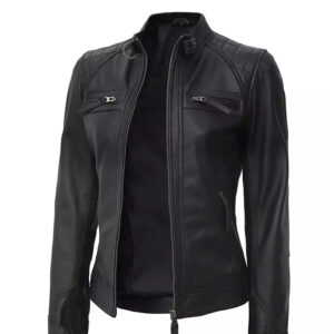 Women Black Quilted Cafe Racer Leather Jacket