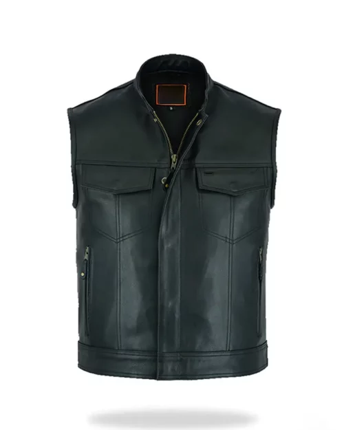 Men's Black Leather Biker Vest