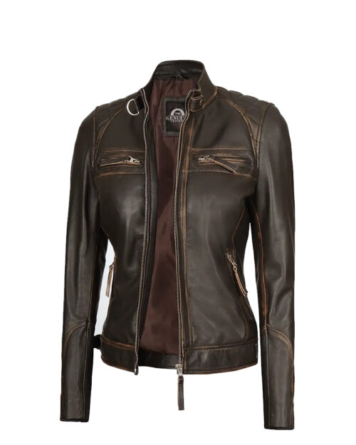 Women's Quilted Distressed Brown Leather Jacket