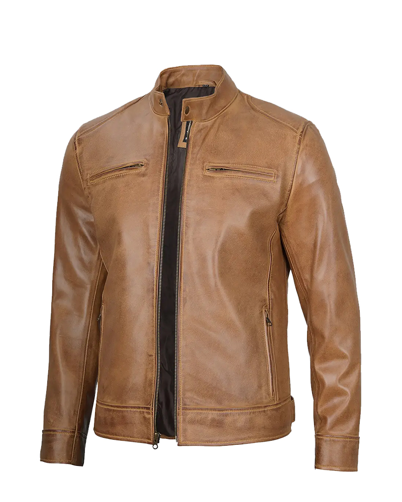 Mens Cafe Racer Camel Brown Leather Jacket