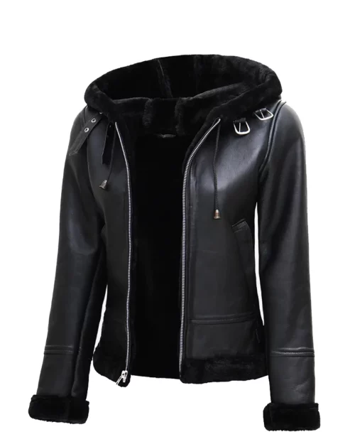 Women's Black Leather Hooded Shearling Jacket