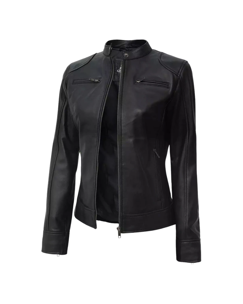 Women’s Petite Black Lambskin Moto Leather Jacket