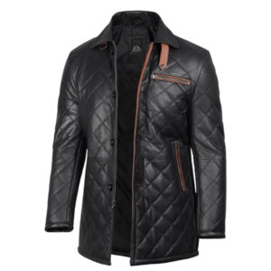 Men's Black Quilted Leather Car Coat With Brown Detailing