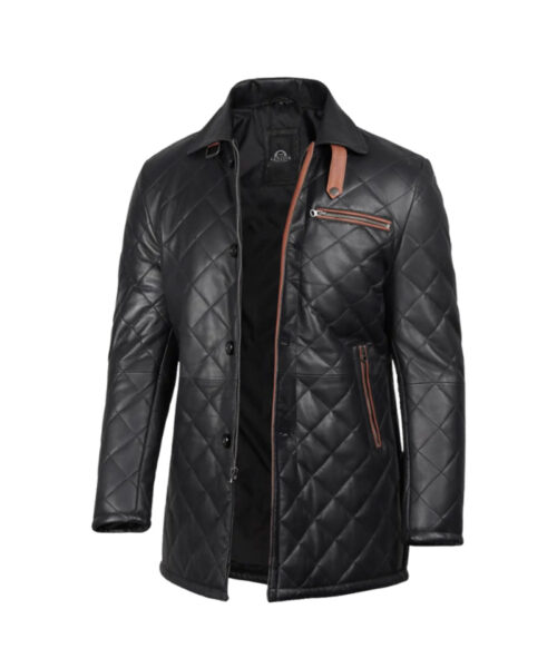 Men's Black Quilted Leather Car Coat With Brown Detailing