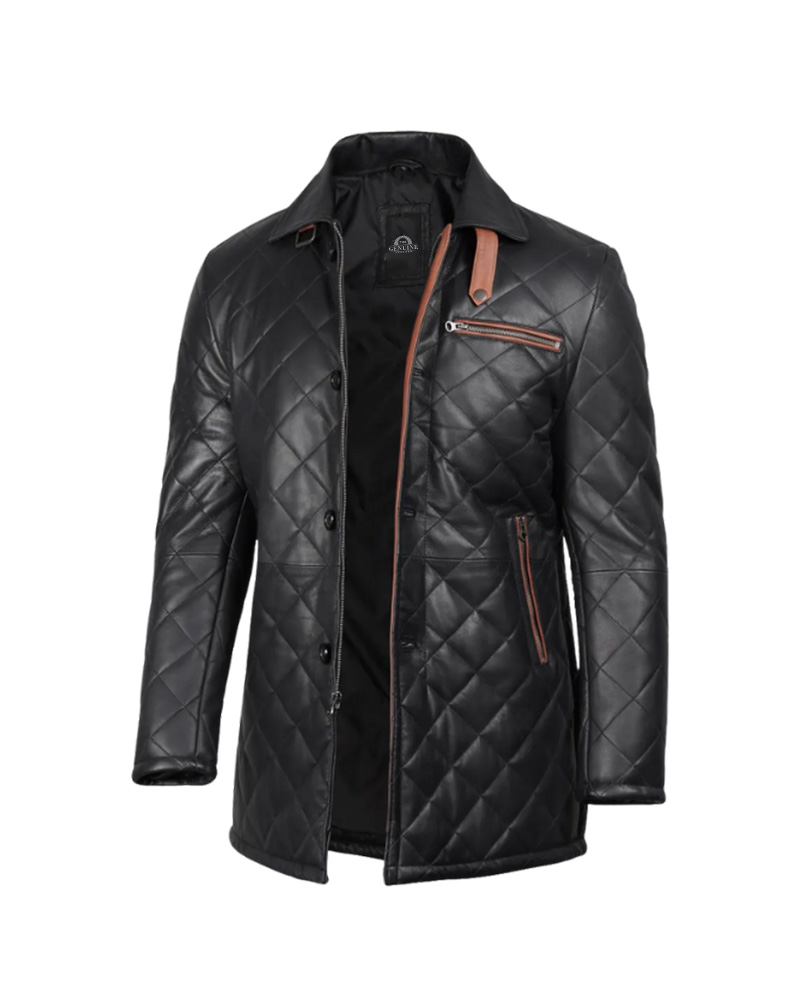 Men's Black Quilted Leather Car Coat With Brown Detailing