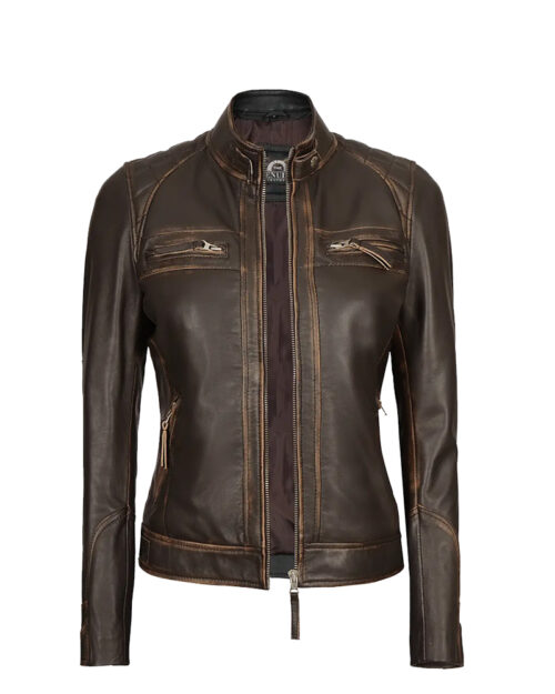 Women's Quilted Distressed Brown Leather Jacket
