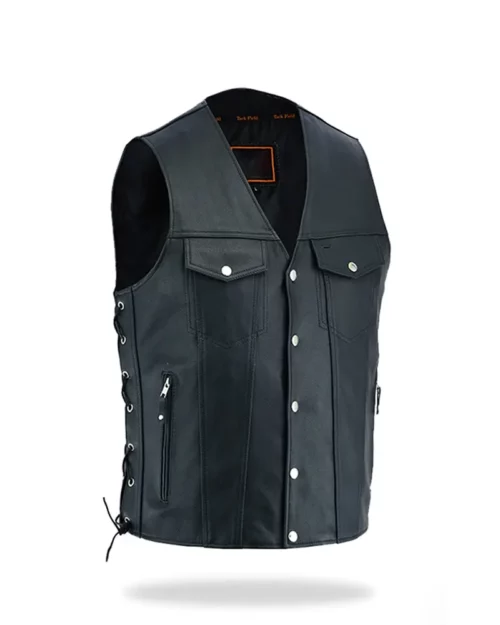 Mens Black Motorcycle Biker Leather Vest
