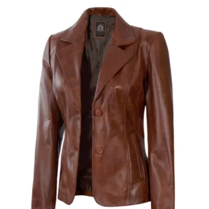 Women's Notch Lapel Brown Leather Coat