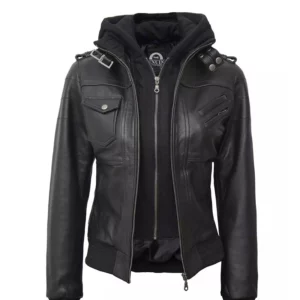 Women's Hood Removable Black Bomber Leather Jacket