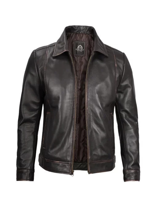 Mens Shirt Collar Classic Distressed Brown Leather Jacket