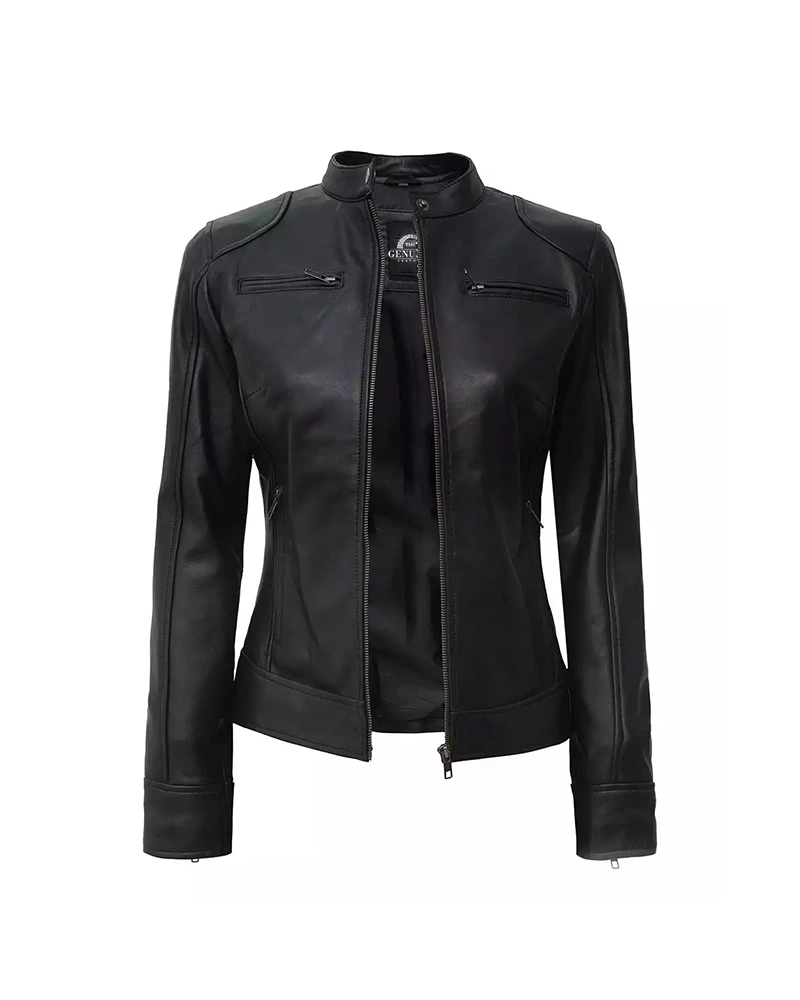Women’s Petite Black Lambskin Moto Leather Jacket