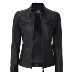 Women Black Quilted Cafe Racer Leather Jacket