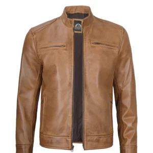 Mens Cafe Racer Camel Brown Leather Jacket