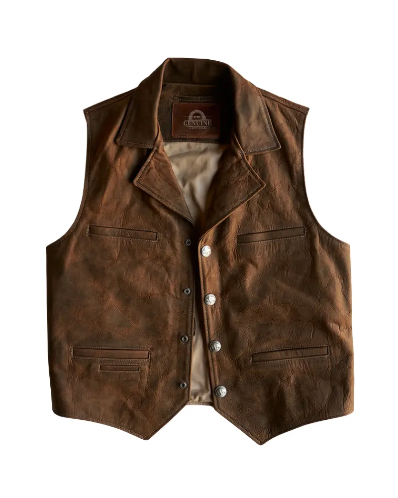 Mens Brown Retro Cowboy Leather Vest Mens Leather Vest