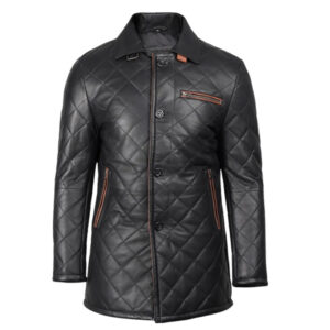 Men's Black Quilted Leather Car Coat With Brown Detailing
