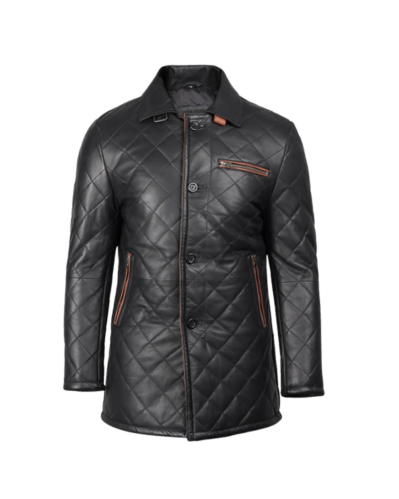 Men's Black Quilted Leather Car Coat With Brown Detailing