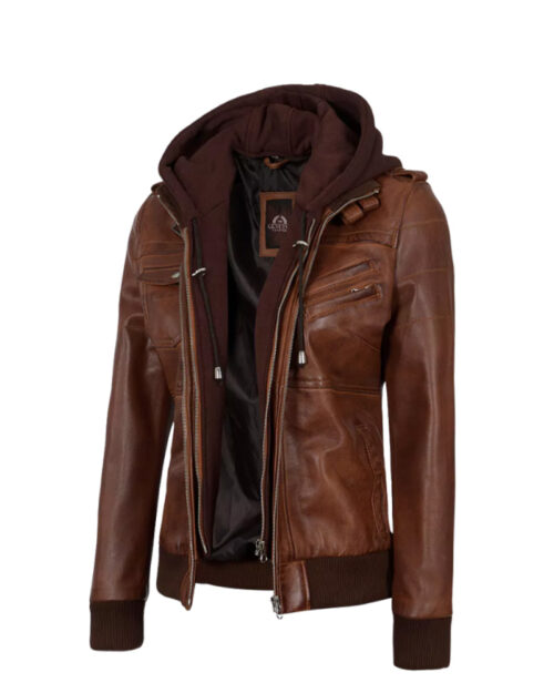 Women's Brown Leather Bomber Jacket With Removable Hood