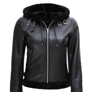 Women's Black Leather Hooded Shearling Jacket