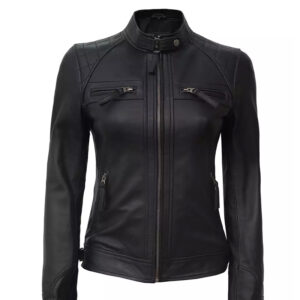 Women Black Quilted Cafe Racer Leather Jacket