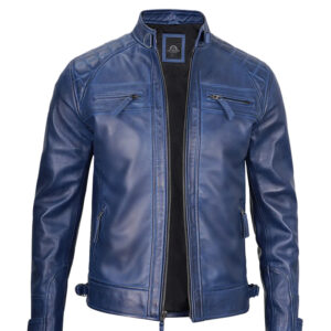 Mens Blue Waxed Cafe Racer Leather Jacket