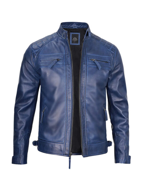 Mens Blue Waxed Cafe Racer Leather Jacket