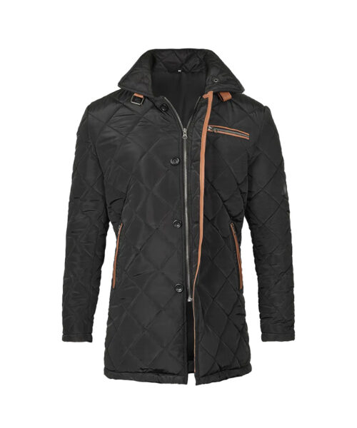 Men's Black 3/4 Length Quilted Polyester Coat