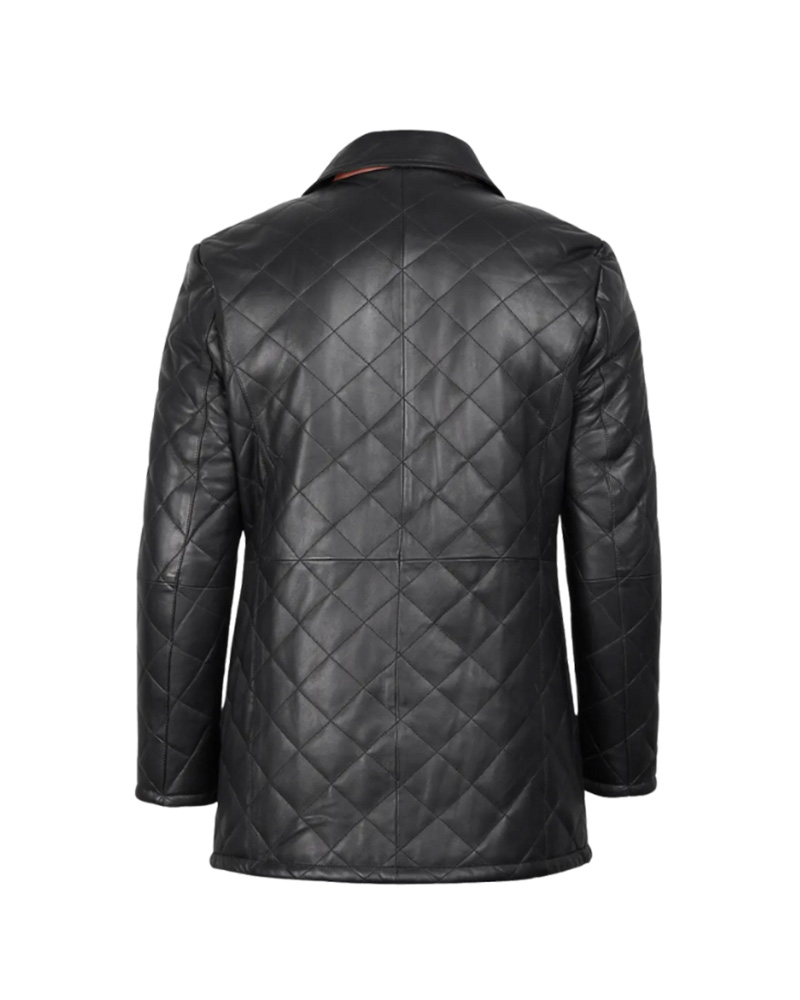 Men's Black Quilted Leather Car Coat With Brown Detailing